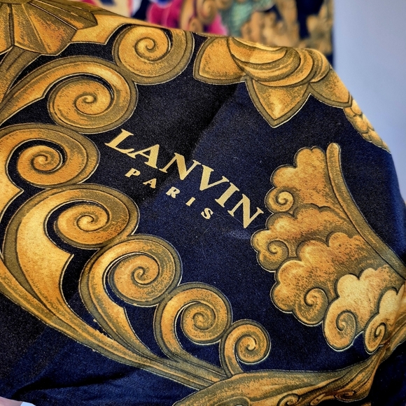 Lanvin Paris Black Gold  Blue Gold Pink Blue  Floral  Hand Rolled Silk Scarf - Picture 7 of 16
